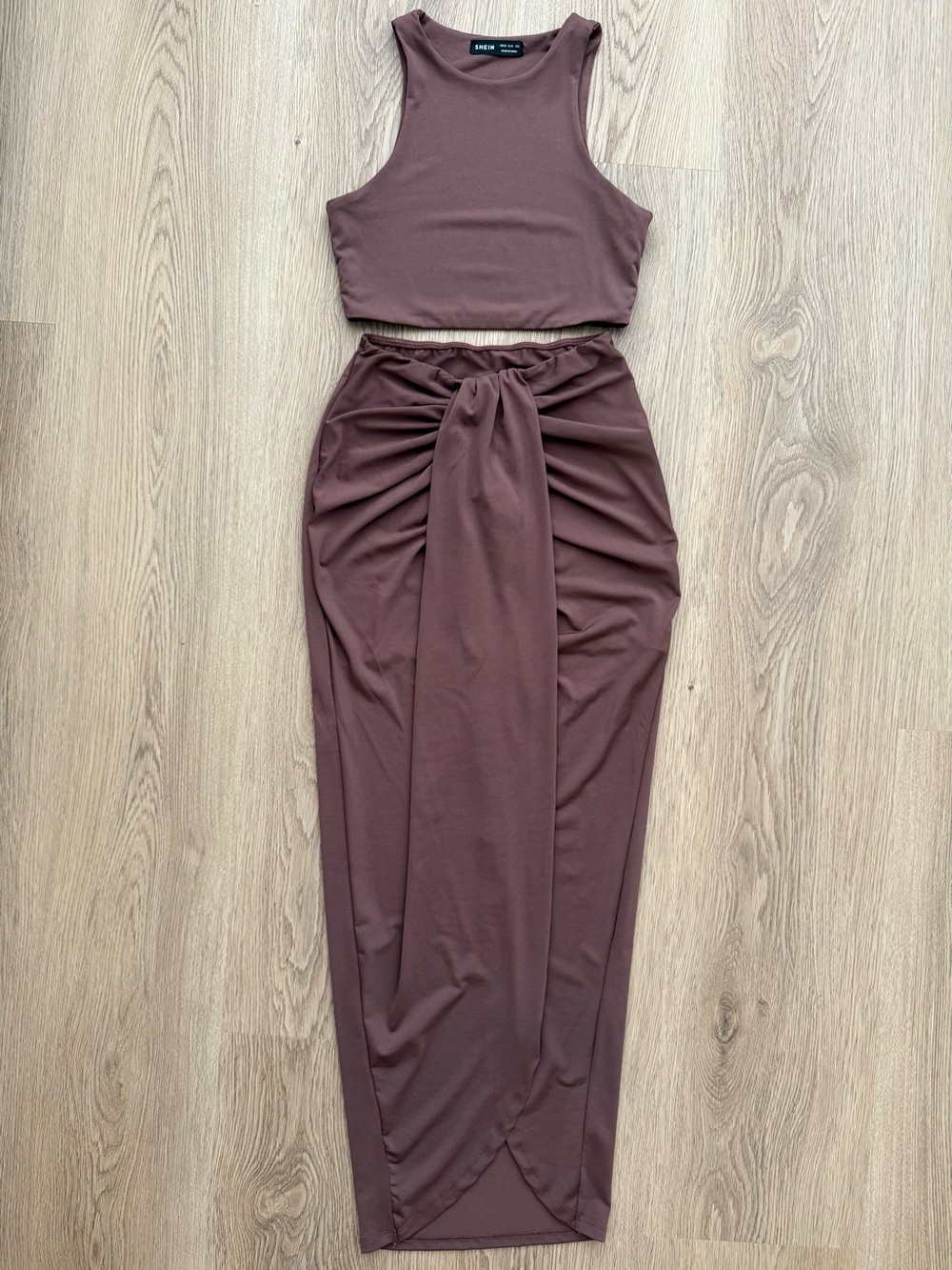 SHEIN Solid Crop Tank Top & Ruched Split High Skirt brown (pre owned)